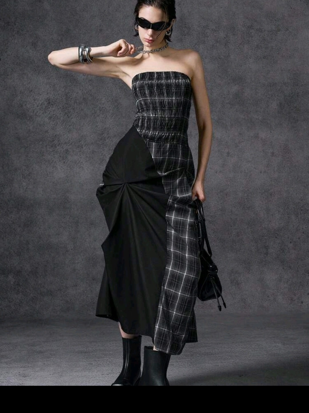 Strapless Black Plaid Patchwork Midi Dress